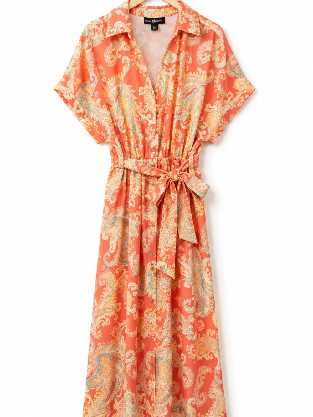 Ashley Stewart 14W/16W Coral Paisley Belted Maxi Shirt Dress